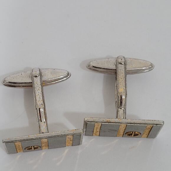 Dunhill D Cufflinks Silver Gold Tone Logo Rectangle Designer Logo Vintage Stripe - Picture 2 of 8